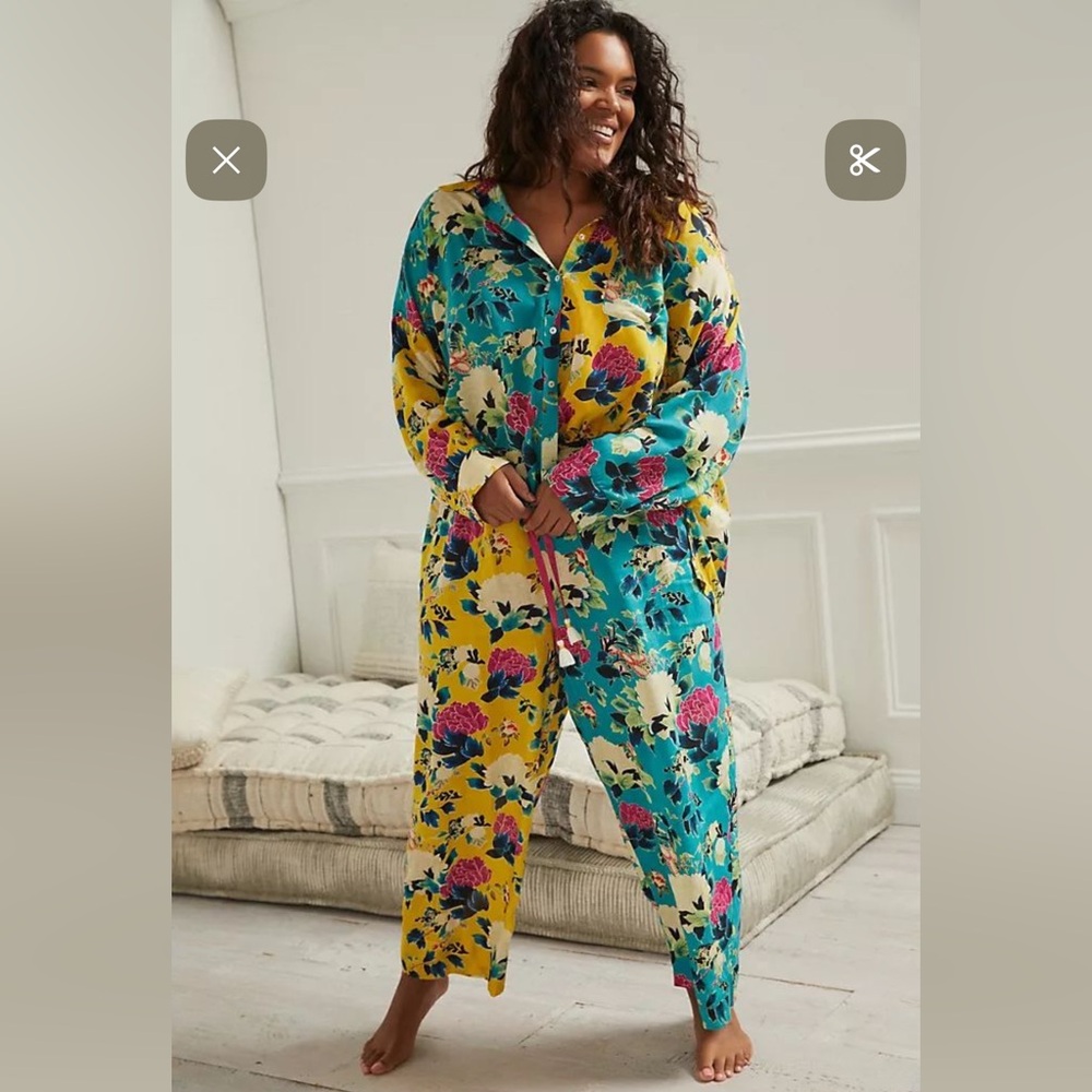 New🌟Anthropologie- Sweet Dreams Chartreuse Floral Lounge Set - Picture 5 of 8